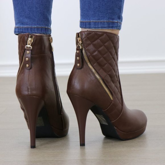 Brown Quilted Platform High Heel Ankle Boots - Picture 3 of 8